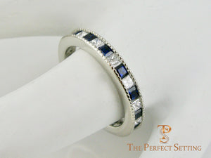 Sapphire Diamond Princess Cut Milgrain Wedding Band Platinum on finger