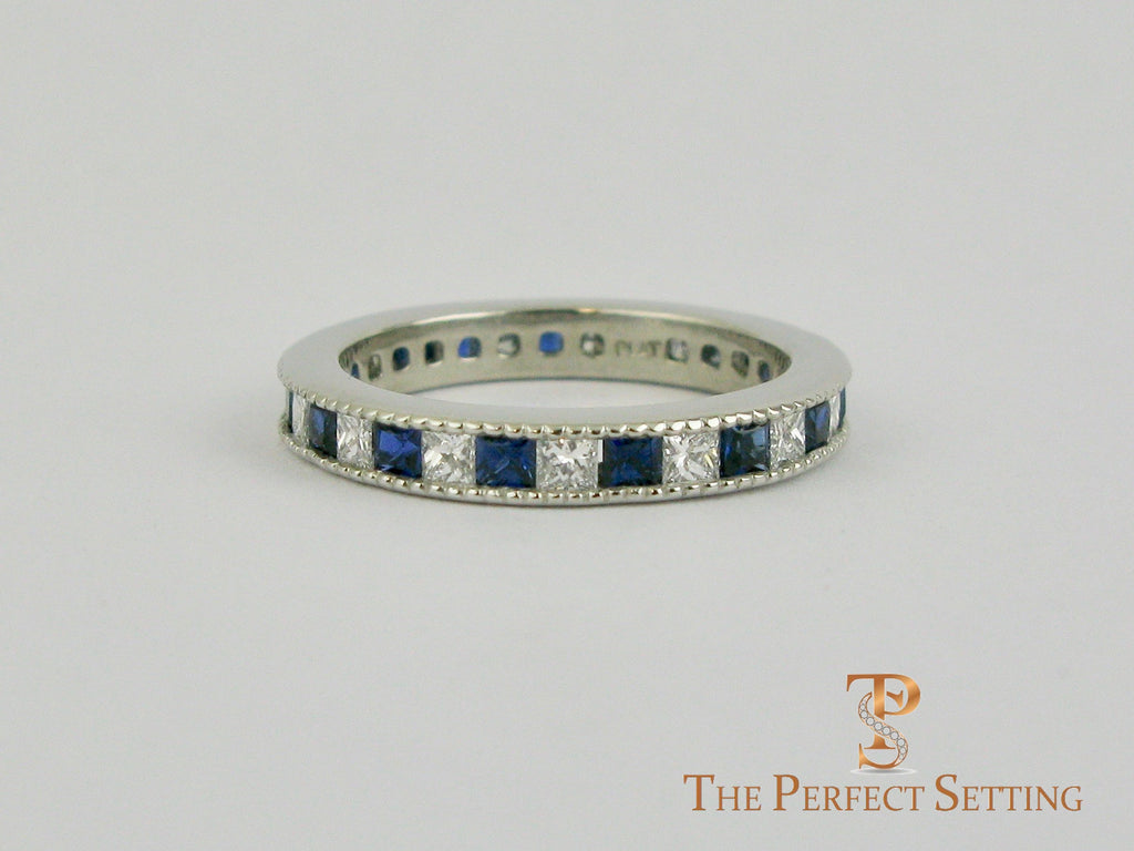 Princess Cut Sapphire Diamond Milgrain Wedding Band Platinum