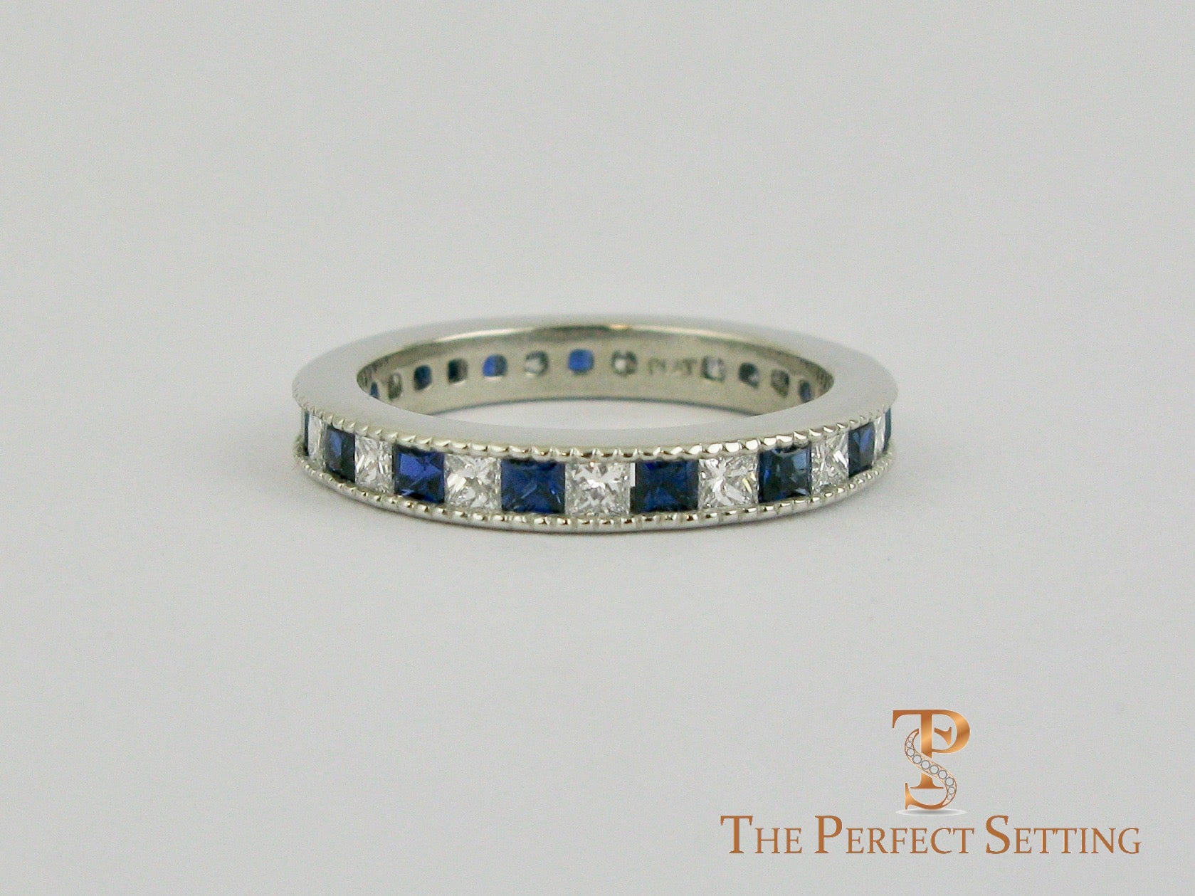 Princess Cut Sapphire Diamond Milgrain Wedding Band Platinum