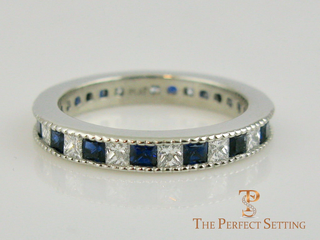 Sapphire Diamond Princess Cut Milgrain Wedding Band Platinum