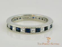 Load image into Gallery viewer, Sapphire Diamond Princess Cut Milgrain Wedding Band Platinum