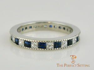 Sapphire Diamond Princess Cut Milgrain Wedding Band Platinum