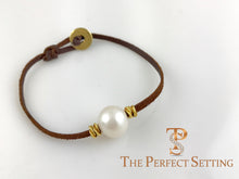 Load image into Gallery viewer, South Sea Pearl on Leather with Gold Thread Rondel Bracelet