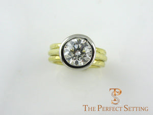 Platinum diamond  bezel hammered 18K yellow gold right hand ring