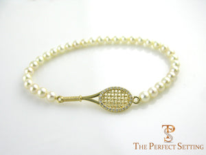 tennis racquet bracelet gold diamonds pearl