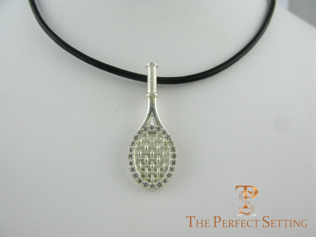 Tennis racquet 18K white gold pendant diamonds leather cord