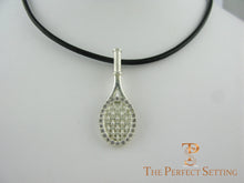 Load image into Gallery viewer, Tennis racquet 18K white gold pendant diamonds leather cord