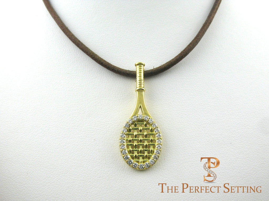 Tennis racquet 18K gold pendant diamonds leather cord