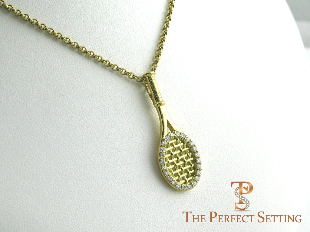 Tennis racquet 18K gold pendant diamonds gold chain