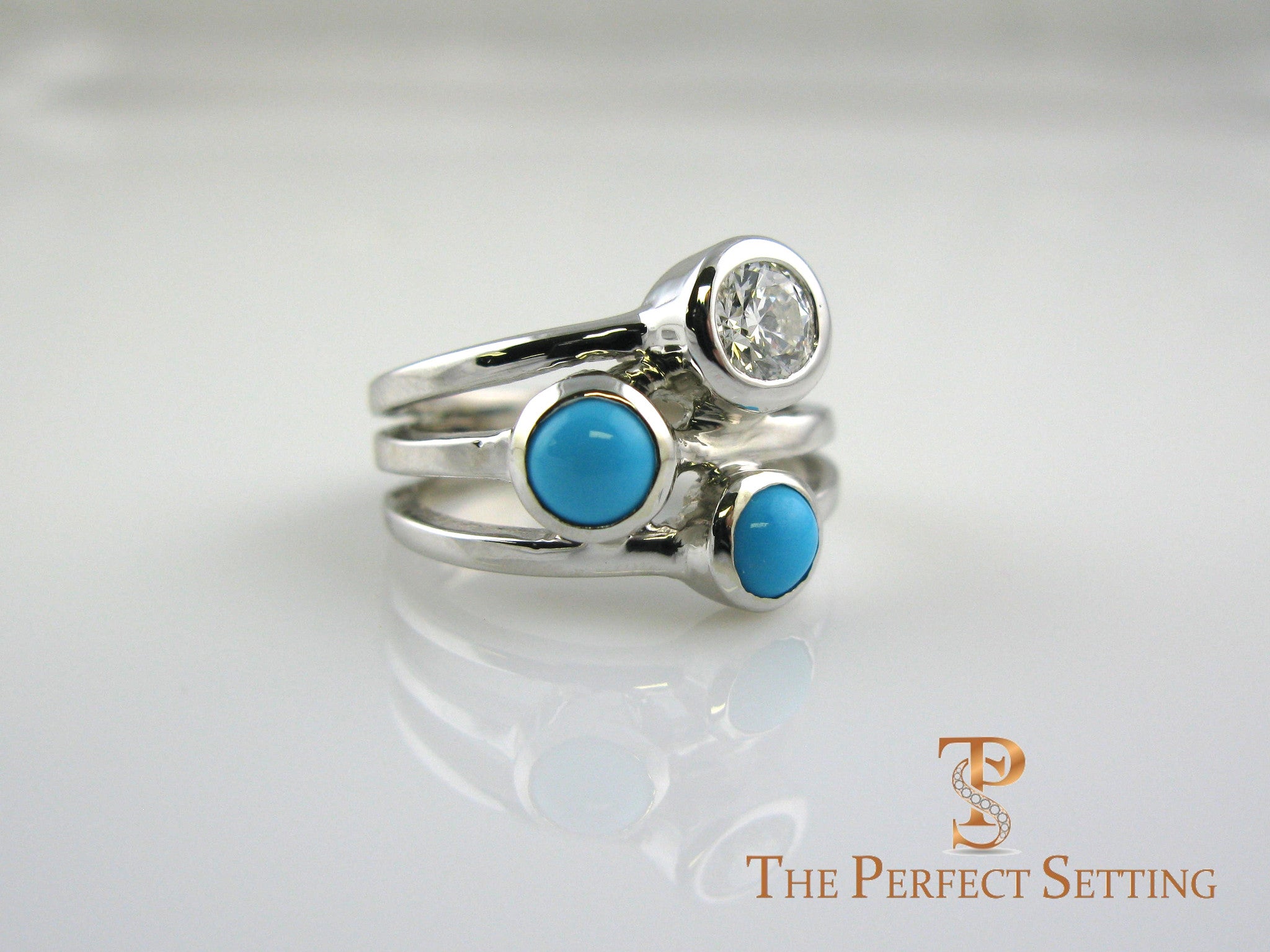 Diamond Turquoise Gold Three Stone Bezel Ring