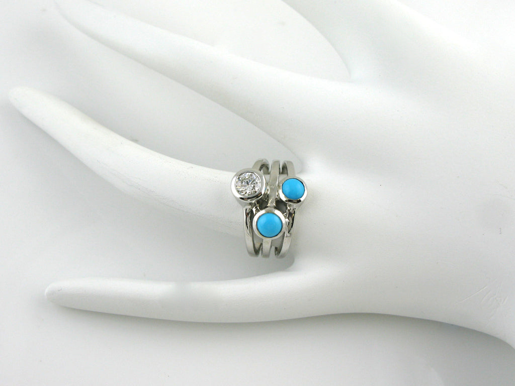 Turquoise Diamond Gold Three Stone Bezel Ring