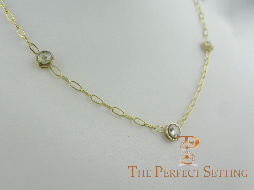 Custom Bezel Set Diamond Necklace on Fancy Unique Chain