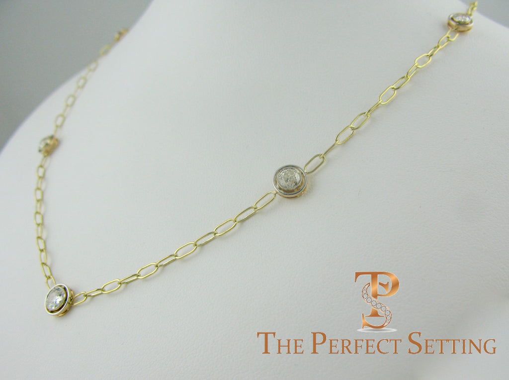 Custom Bezel Set Diamond Necklace on Fancy Unique Chain