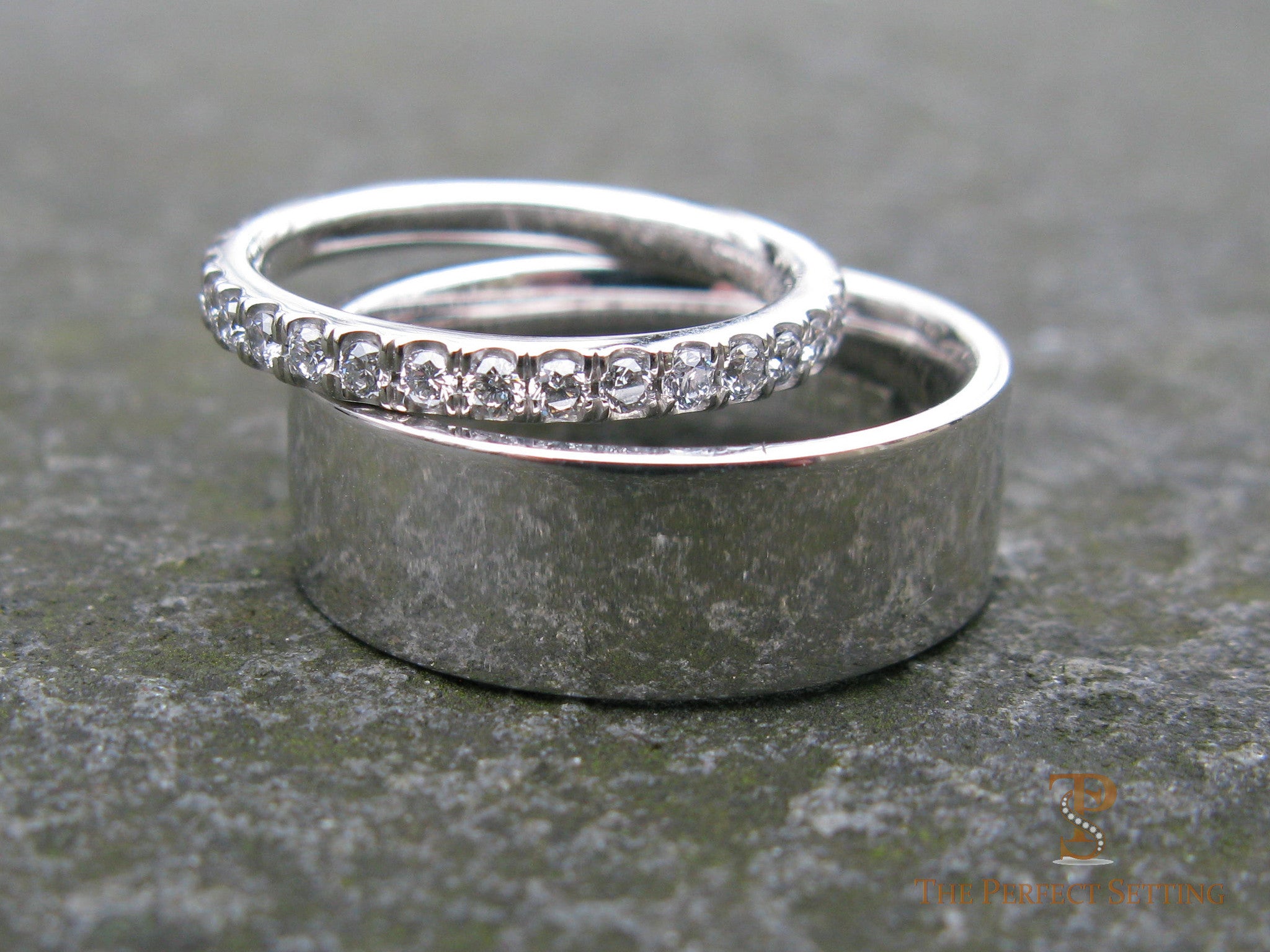 Men's 7mm wedding band w/women's diamond eternity band