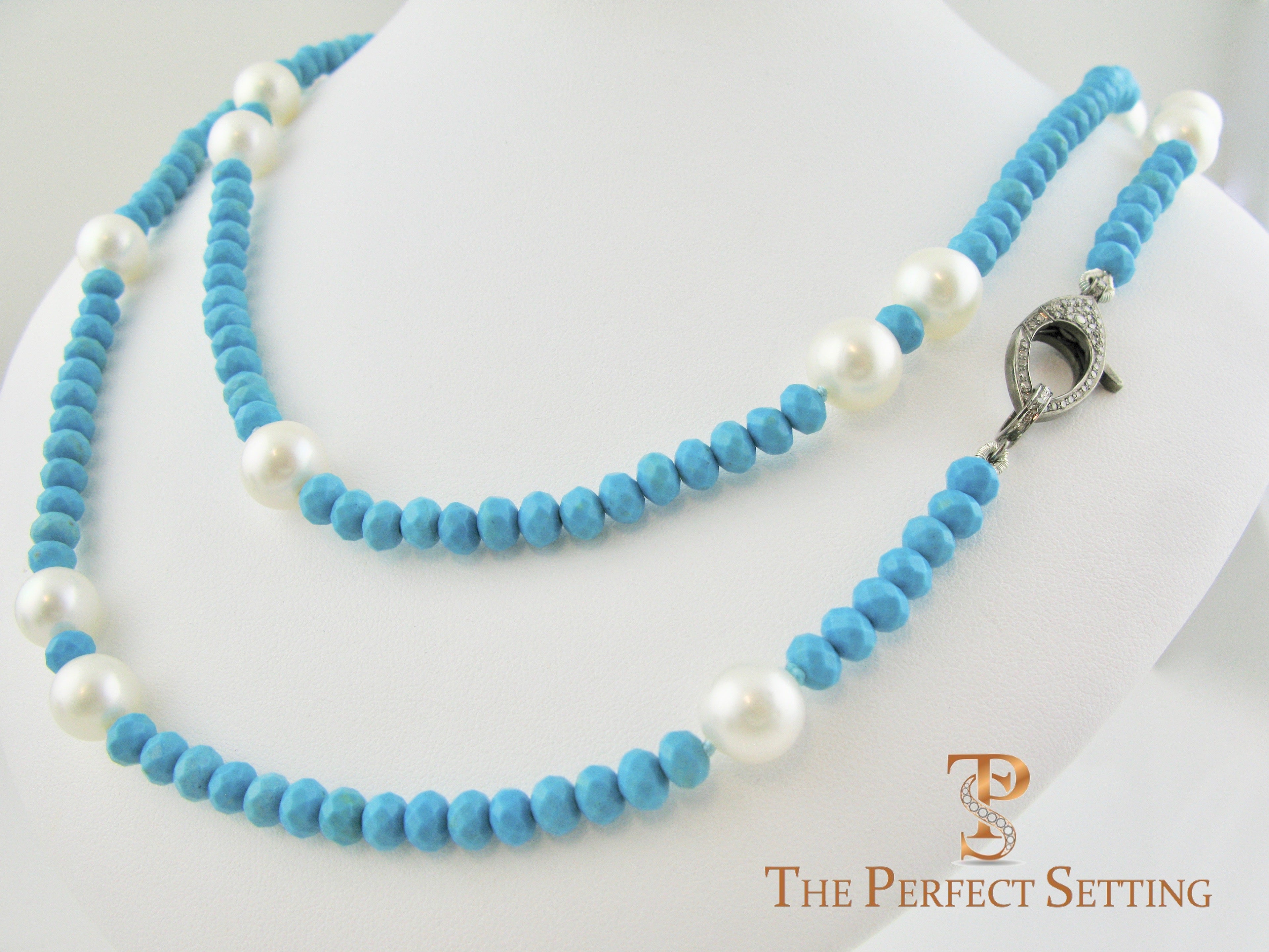 Diamond Cut Turquoise  and Large Pearl Necklace with Modern Diamond Clasp