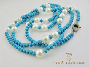 Diamond Cut Turquoise  and Large Pearl Necklace with Modern Diamond Clasp