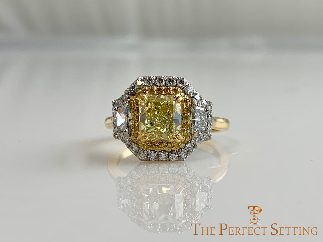 Yellow Fancy Cushion Diamond double halo 3 stone custom ring