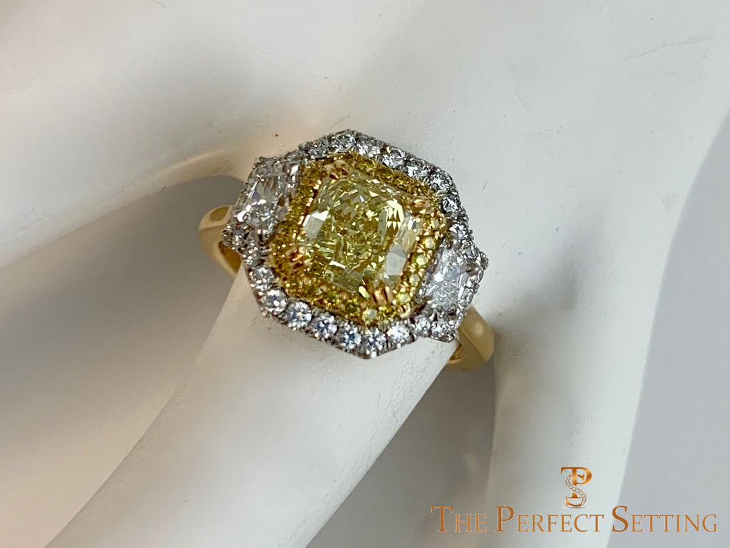 Yellow Fancy Cushion Diamond double halo 3 stone custom ring