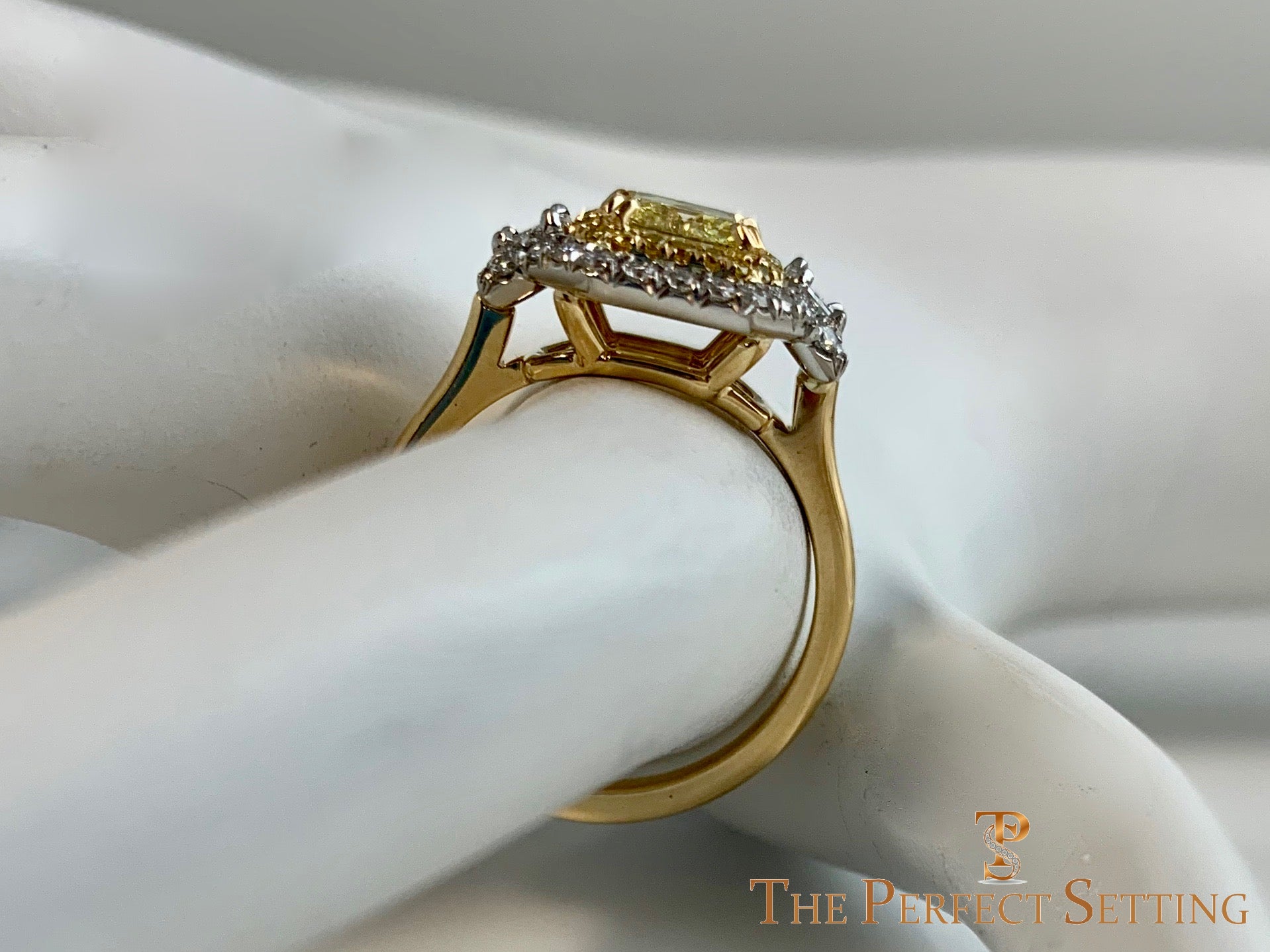Yellow Fancy Cushion Diamond double halo 3 stone custom ring