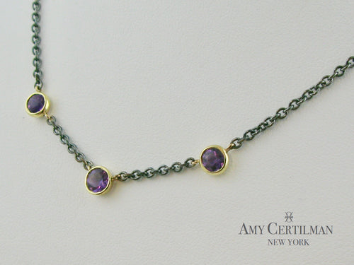 Amethyst Bezel Set 18K Yellow Gold Oxidized Chain