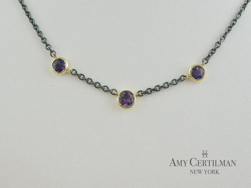 Amethyst Bezel Set 18K Yellow Gold Oxidized Chain