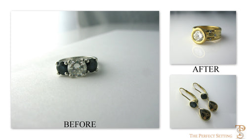 Resetting Three Stone Engagement Ring to Topaz and Sapphire Earrings