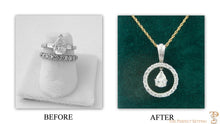 Load image into Gallery viewer, BEFORE &amp; AFTER- since her divorce, these rings were collecting dust. We reset the diamonds from the engagement ring and eternity band into this versatile pendant with a hinged enhancer to be worn on a chain, cord and pearls.