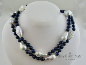 Lapis and Baroque Pearl Necklace with Magnetic Clasp