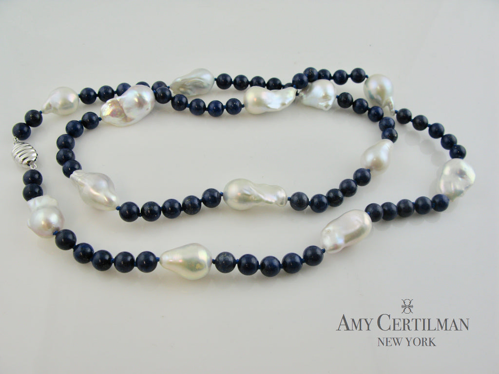 Lapis and Baroque Pearl Necklace with Magnetic Clasp
