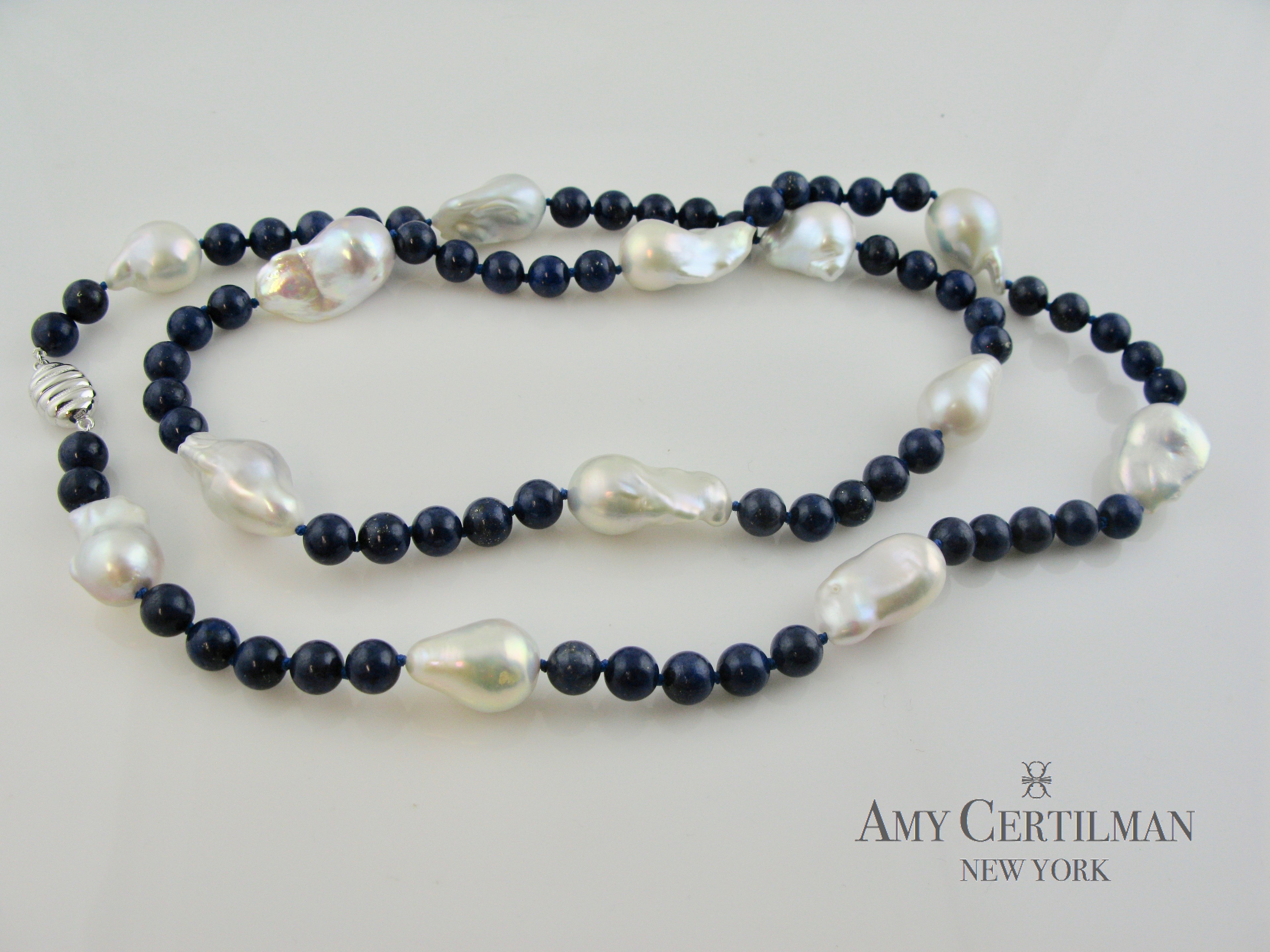 Lapis and Baroque Pearl Necklace with Magnetic Clasp