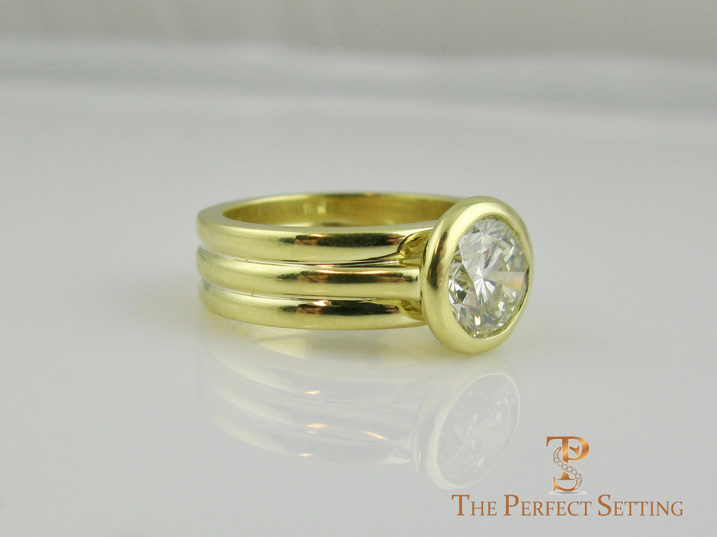 Bezel Set Diamond 18K Green Gold Custom Signature Ring side view