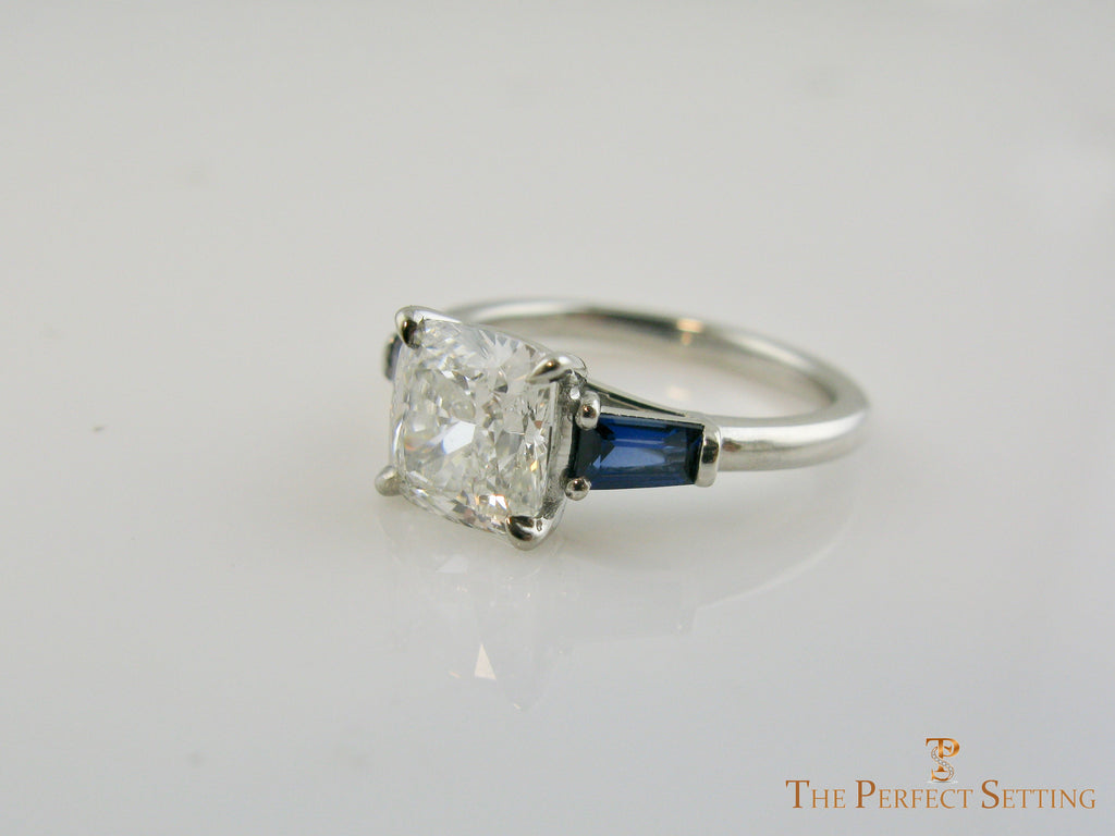 Cushion Cut Lab Diamond with Sapphire Baguettes side left