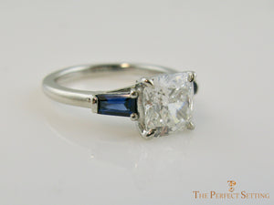 Cushion Cut Lab Diamond with Sapphire Baguettes side view