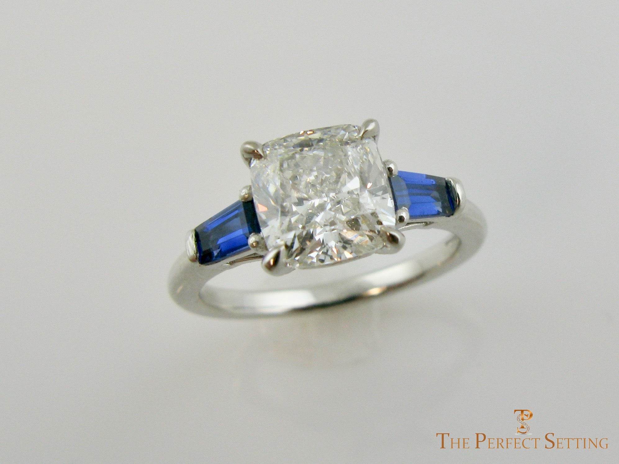 Cushion Cut Lab Diamond with Sapphire Baguettes