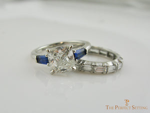 Cushion Cut Lab Diamond with Sapphire Baguettes with wedding band