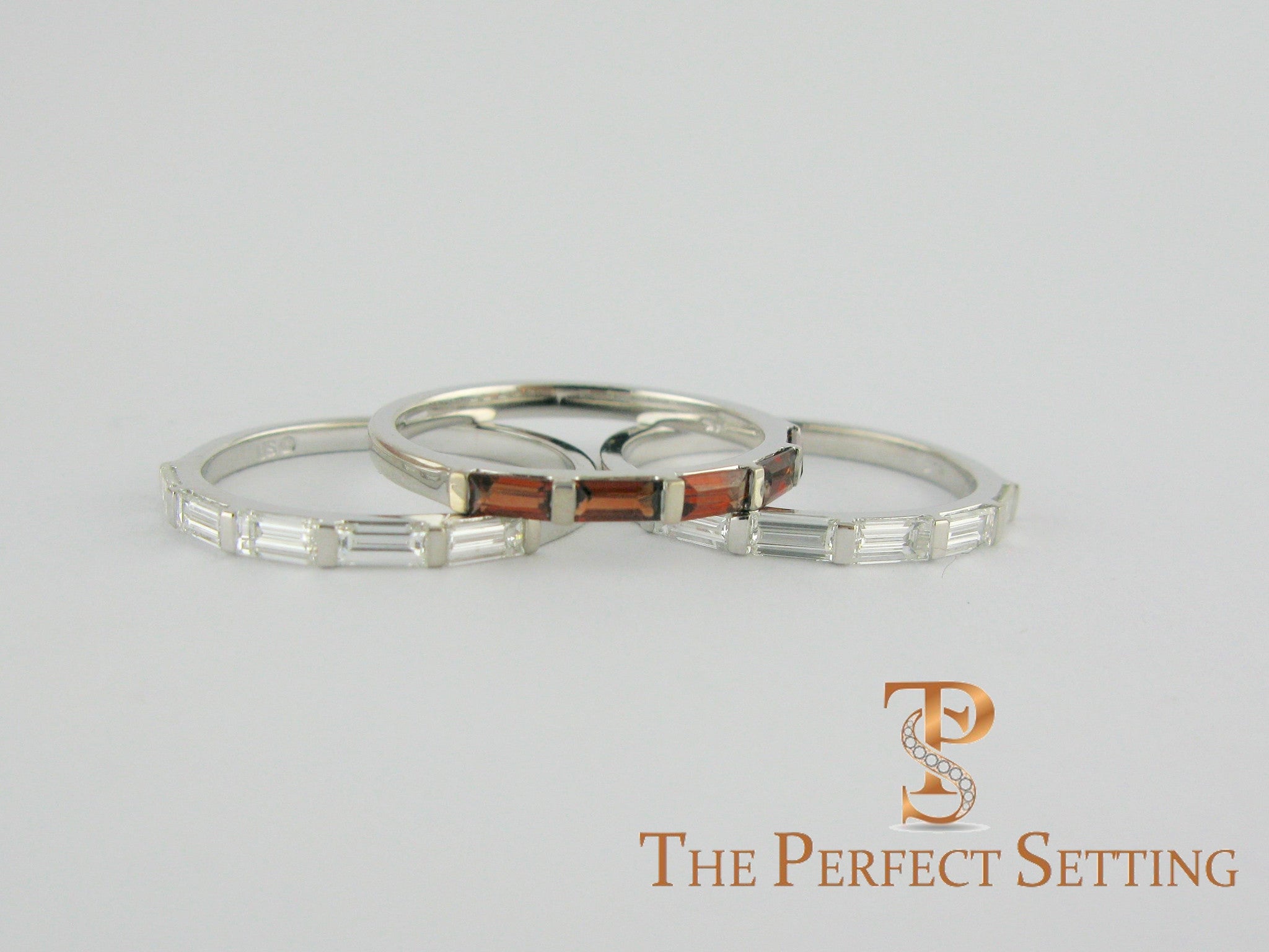 custom baquette diamond and garnet stackable wedding bands