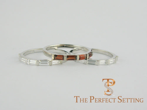 custom baquette diamond and garnet stackable wedding bands