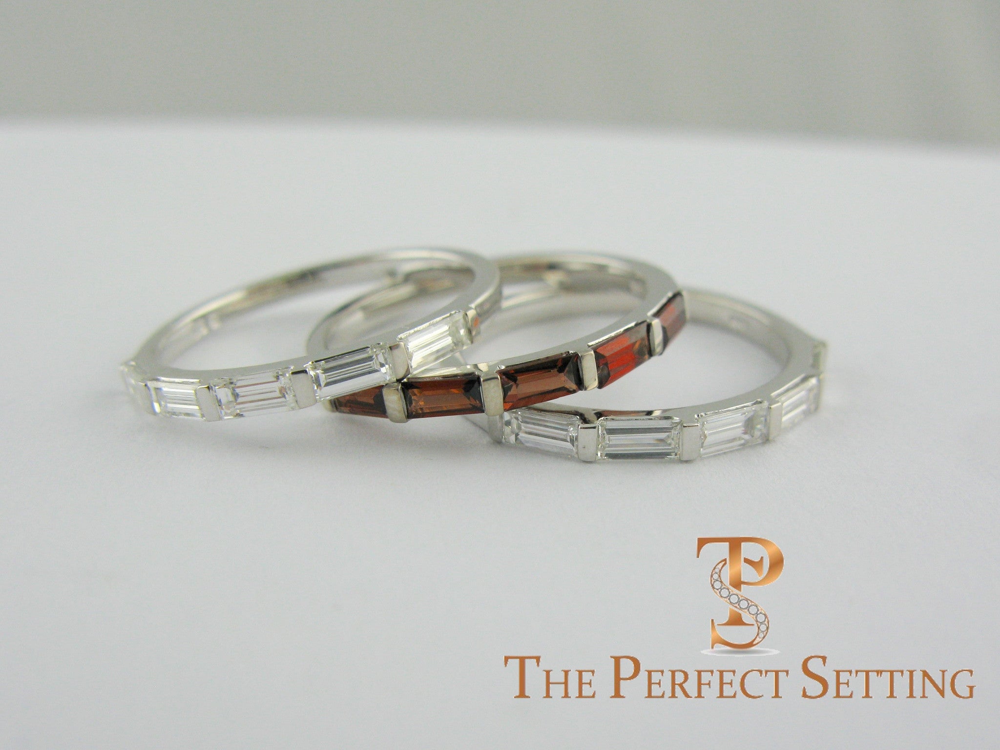 custom baquette diamond and garnet stackable wedding bands