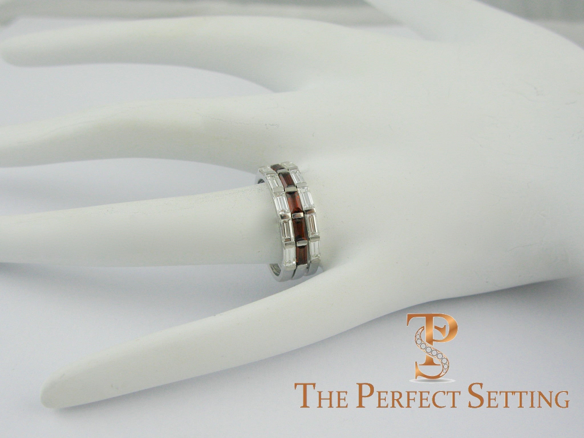 custom baquette diamond and garnet stackable wedding bands