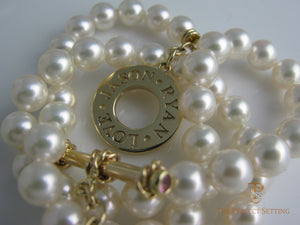 Gold Toggle with Names on Pearl Necklace