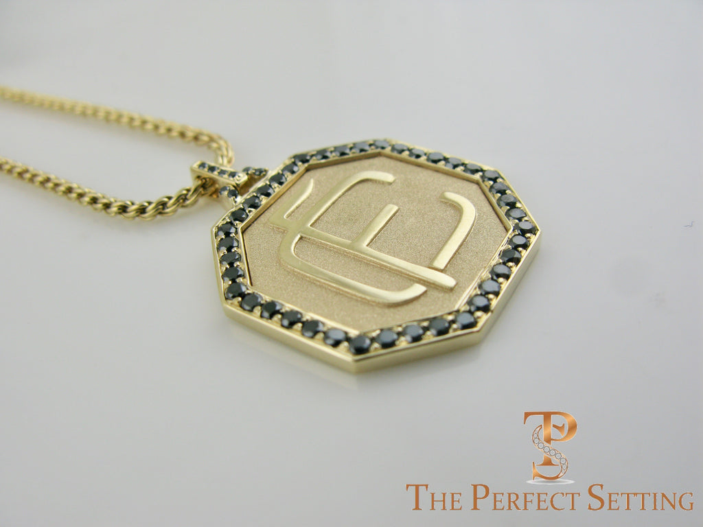 Custom Monogram Gold Pendant with Black Diamonds side view