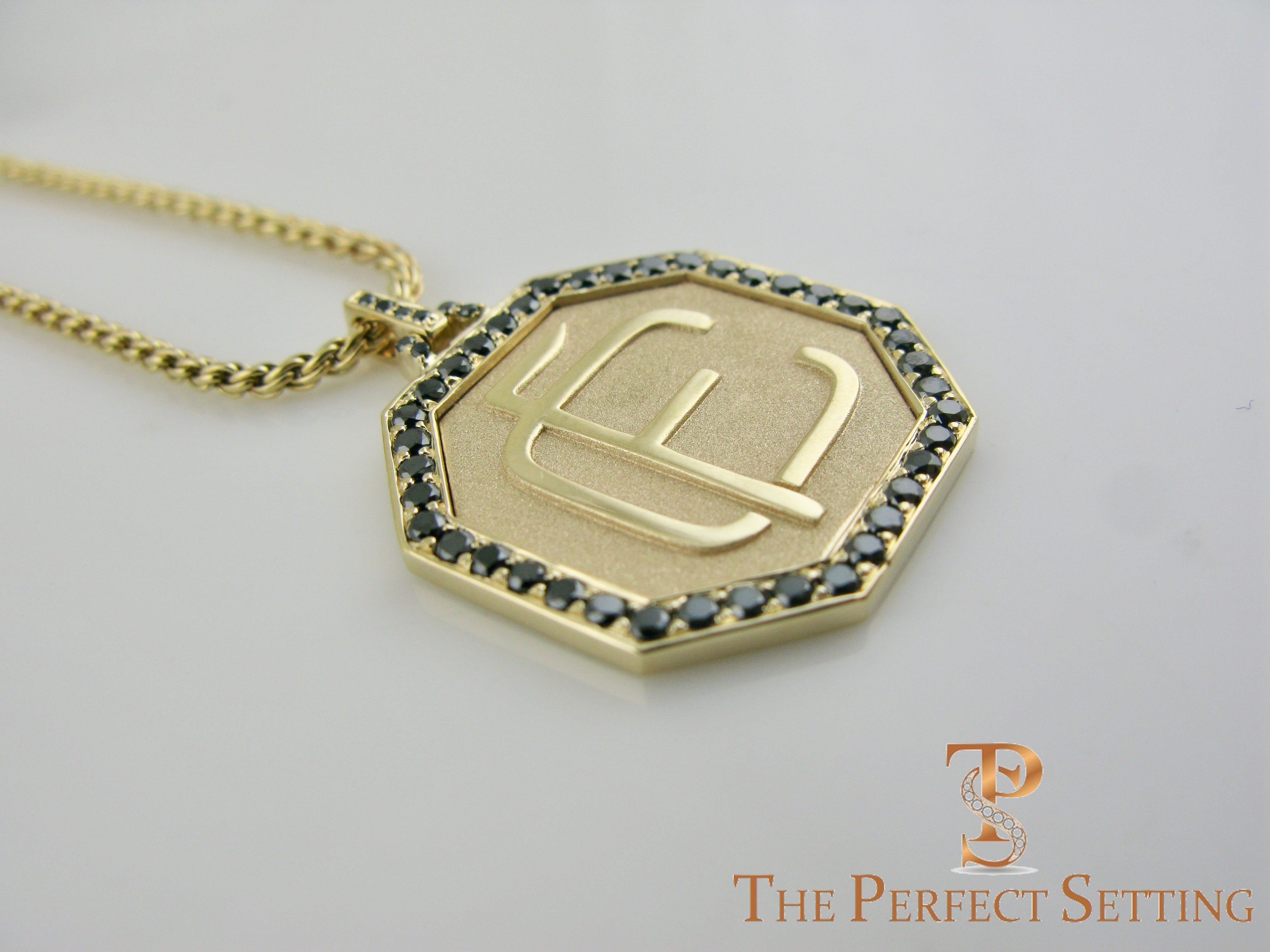 Custom Monogram Gold Pendant with Black Diamonds side view