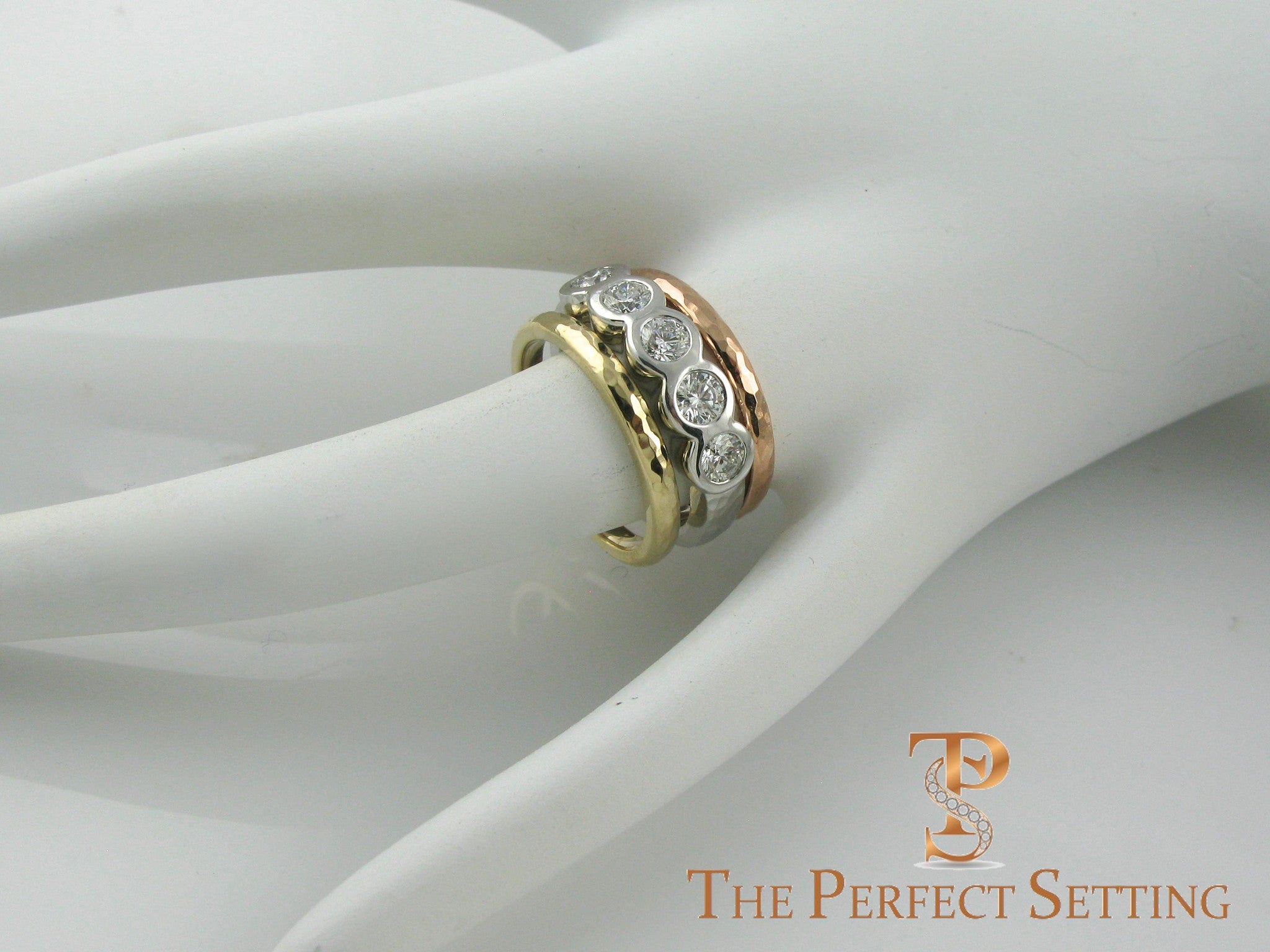 Tri-gold 5 stone bezel diamond ring with rose and gold wedding bands