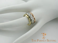 Load image into Gallery viewer, Tri-gold 5 stone bezel diamond ring with rose and gold wedding bands