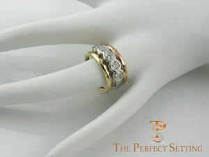 Tri-gold 5 stone bezel diamond ring with rose and gold wedding bands