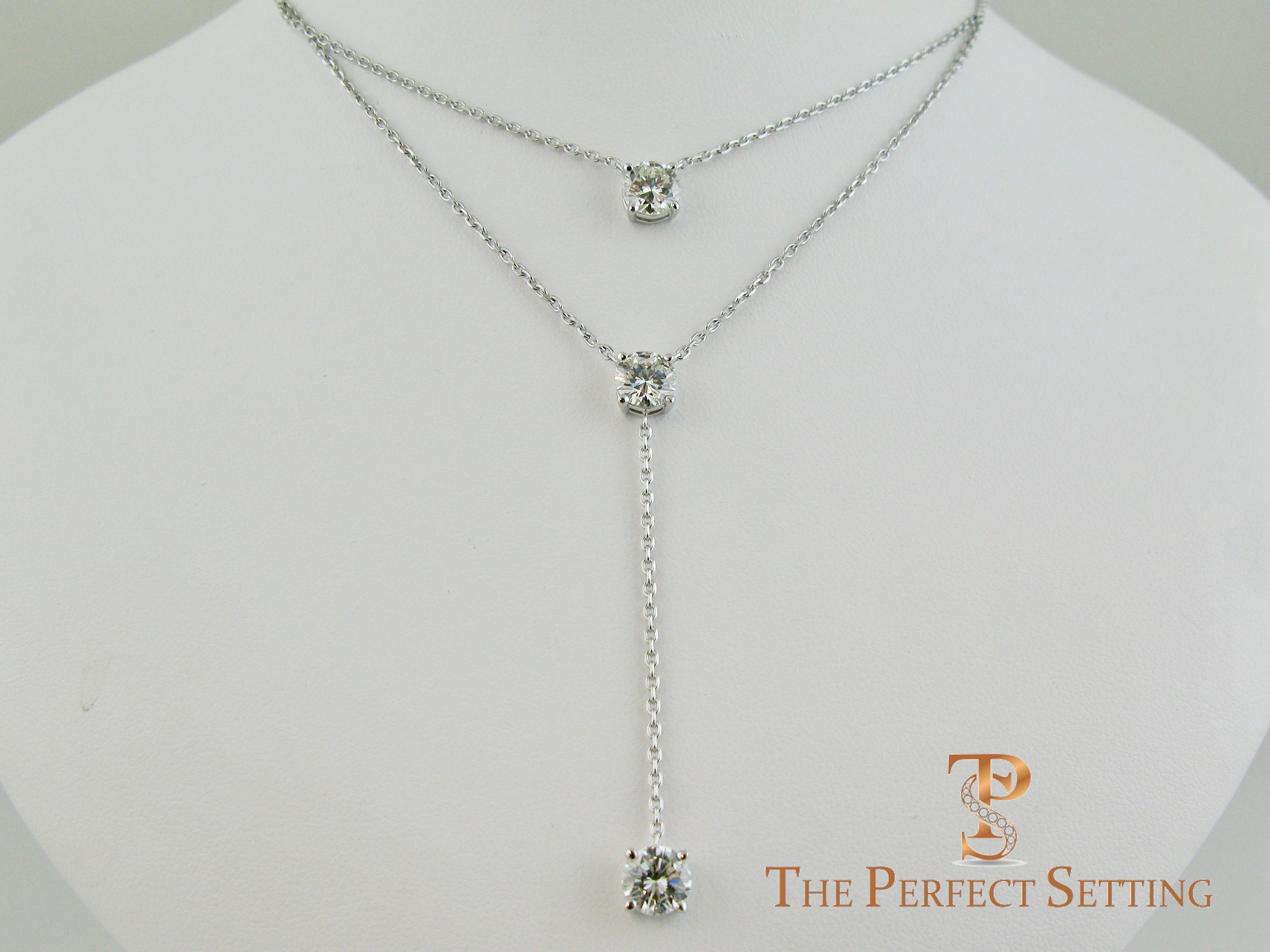 Three Stone Diamond Lariat Necklace on 18K White Gold Chain