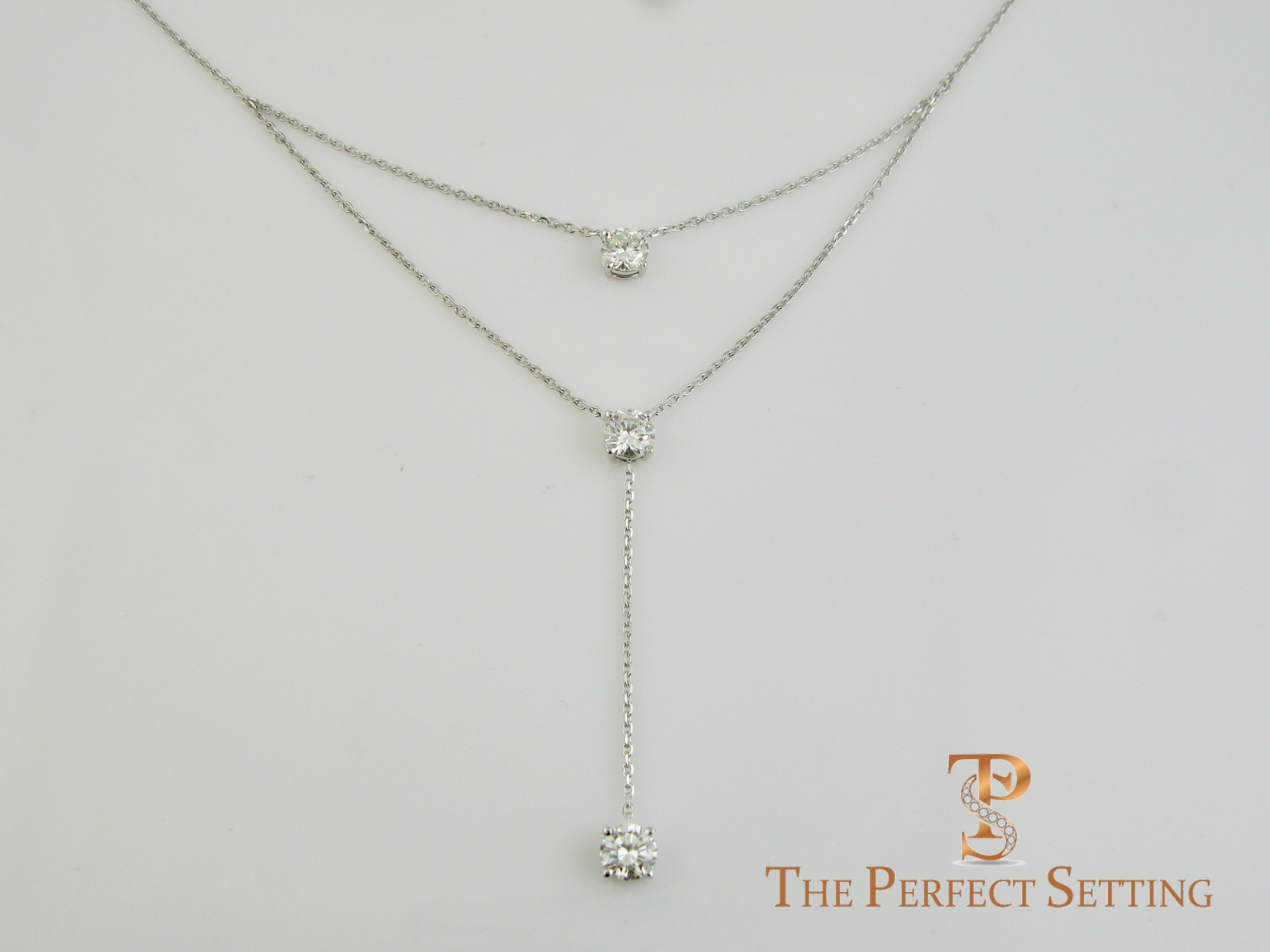 Three Stone Diamond Lariat Necklace on 18K White Gold Chain