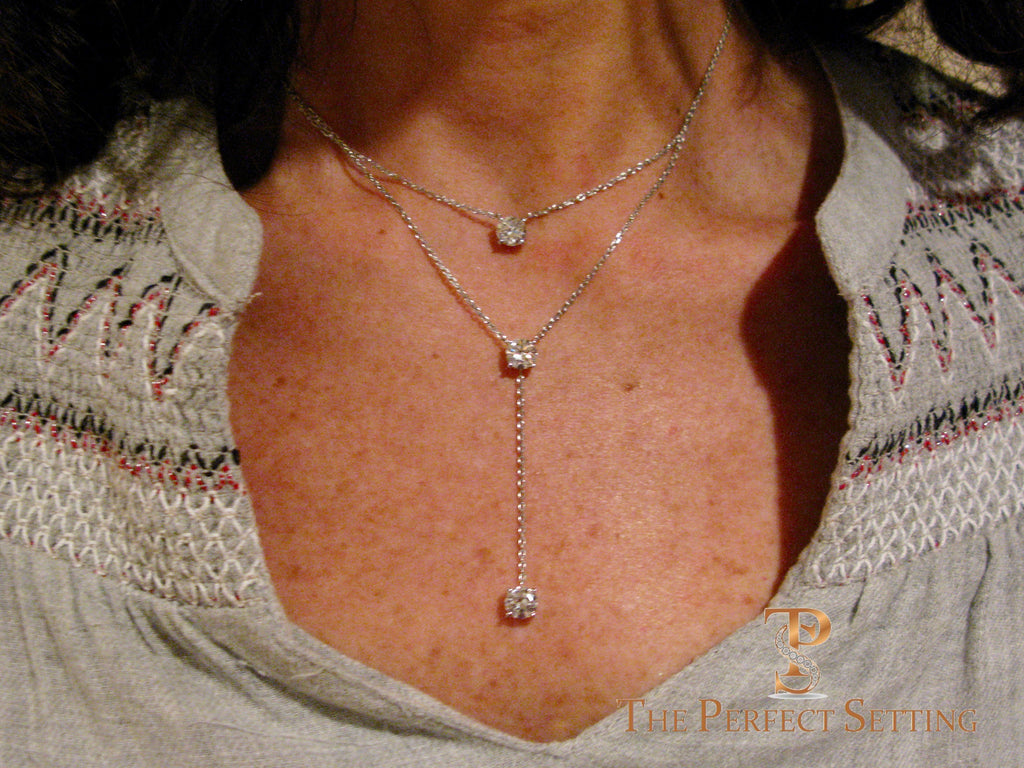 Three Stone Diamond Lariat Necklace on 18K White Gold Chain