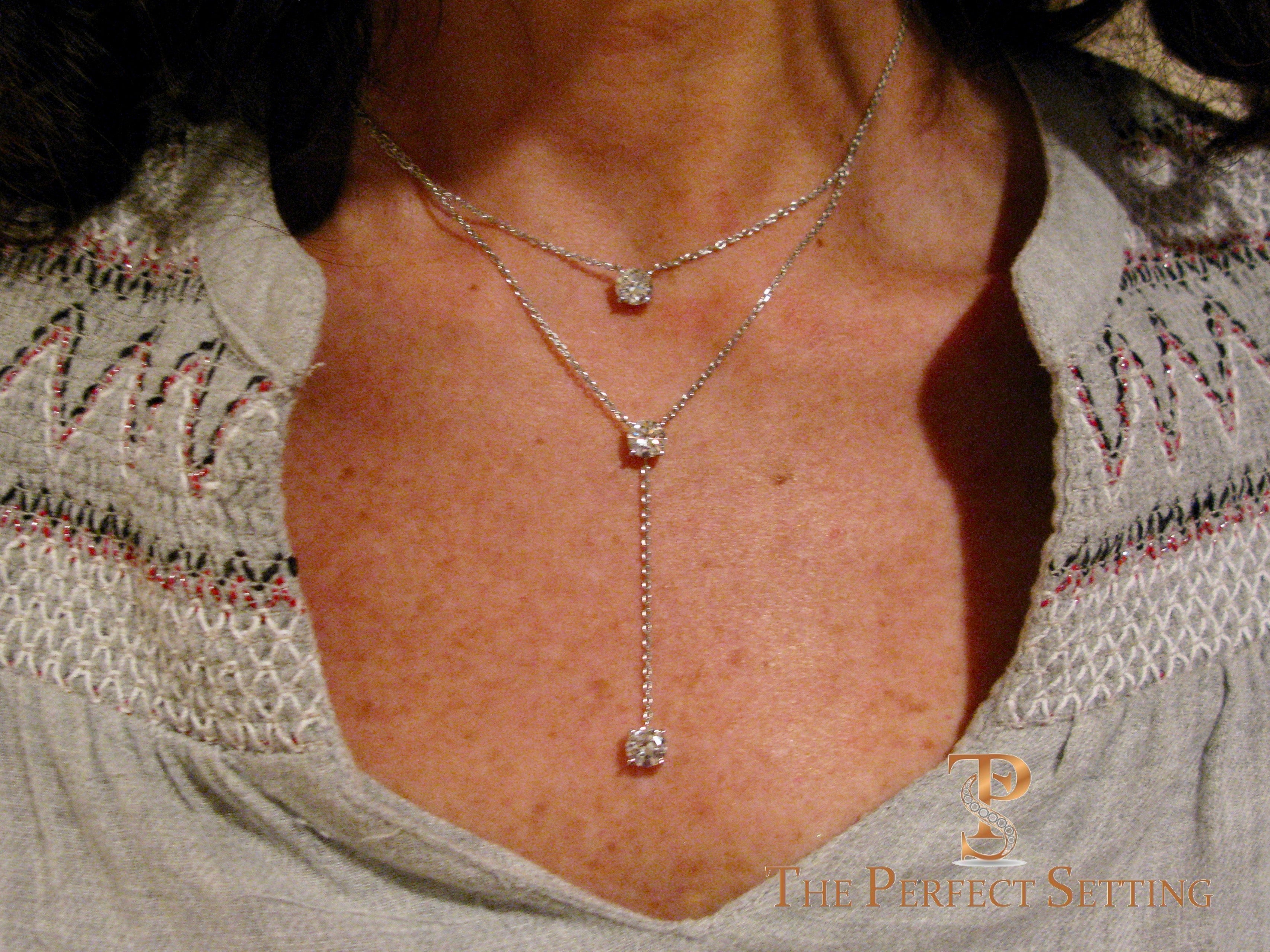 Three Stone Diamond Lariat Necklace on 18K White Gold Chain