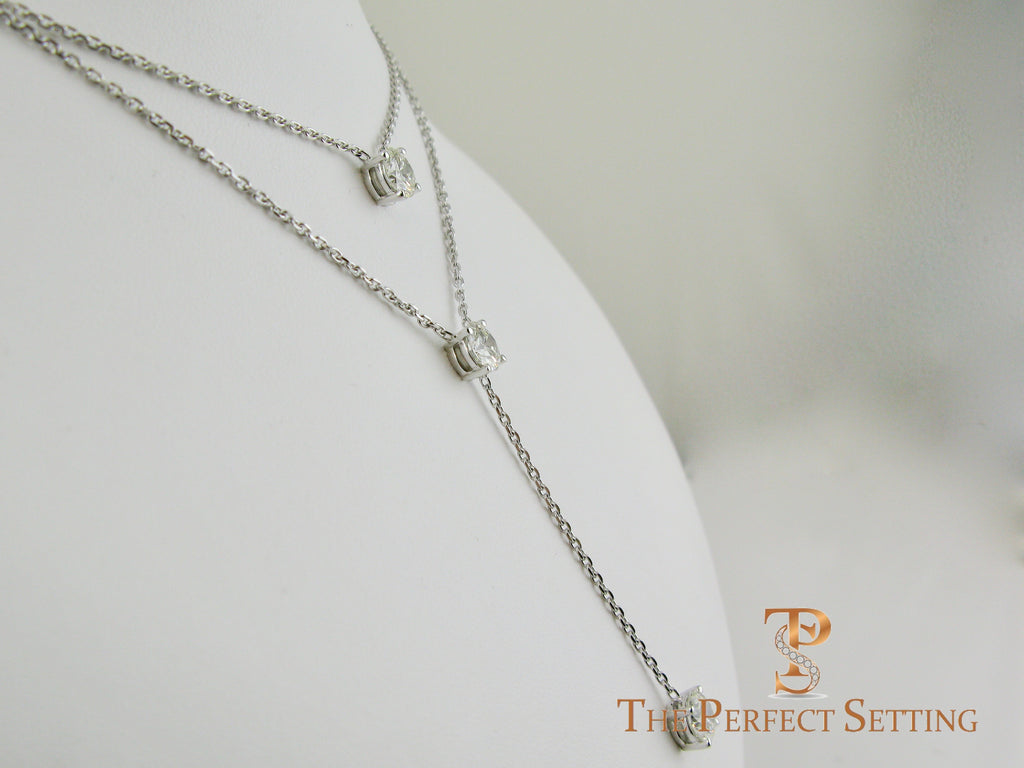 Three Stone Diamond Lariat Necklace on 18K White Gold Chain